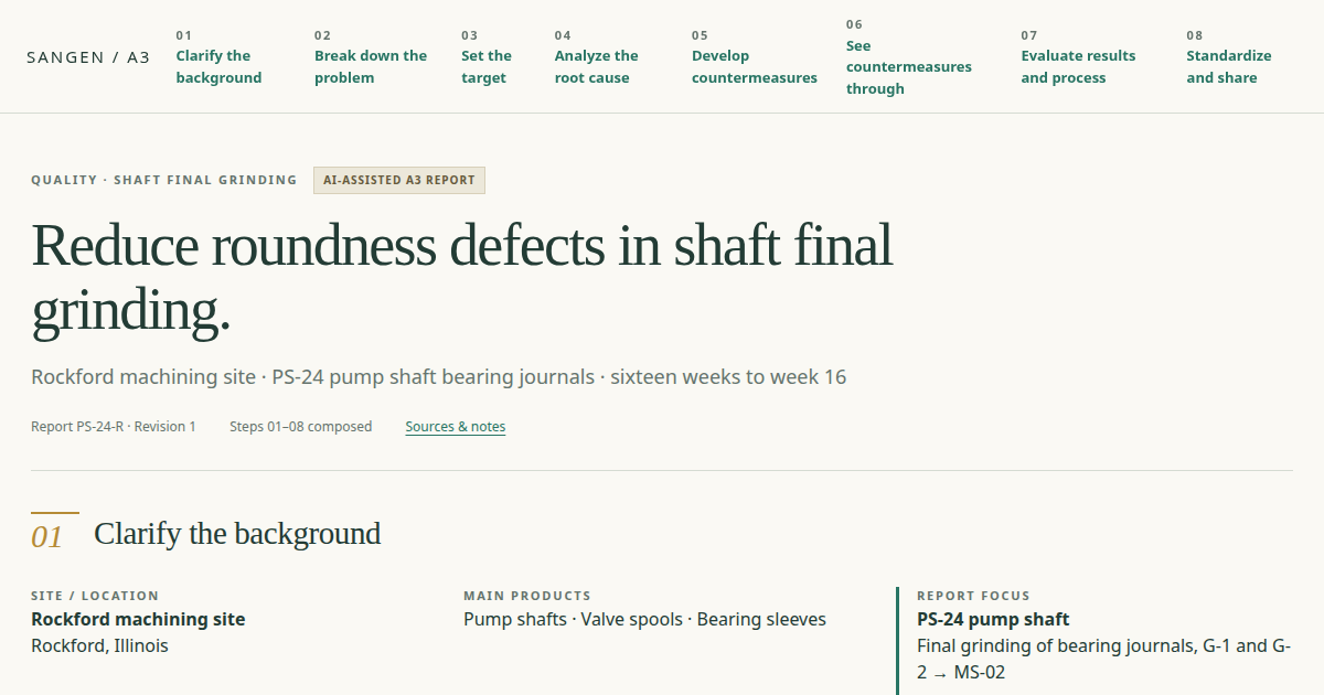 Opening screen of the AI-assisted A3 report on roundness defects in shaft final grinding