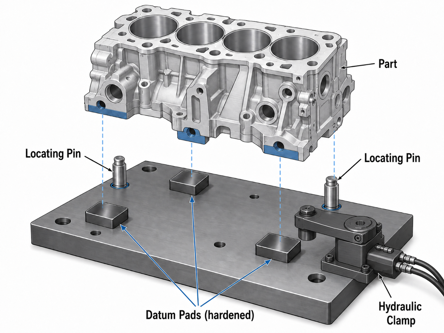 A machining fixture: engine block located on hardened datum pads and locating pins, held by a hydraulic clamp