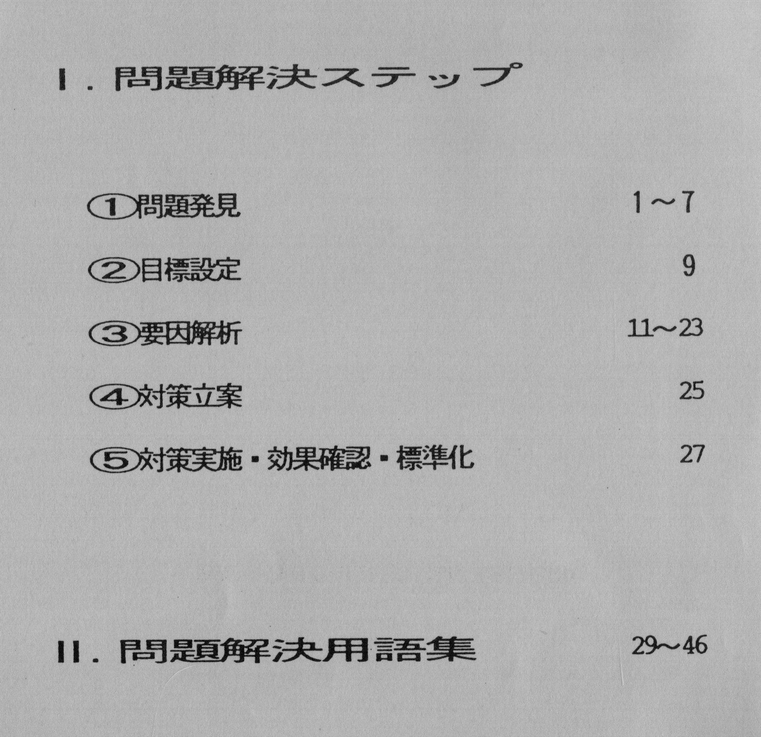 Contents page of a late-1980s Toyota problem-solving training booklet listing five steps in Japanese