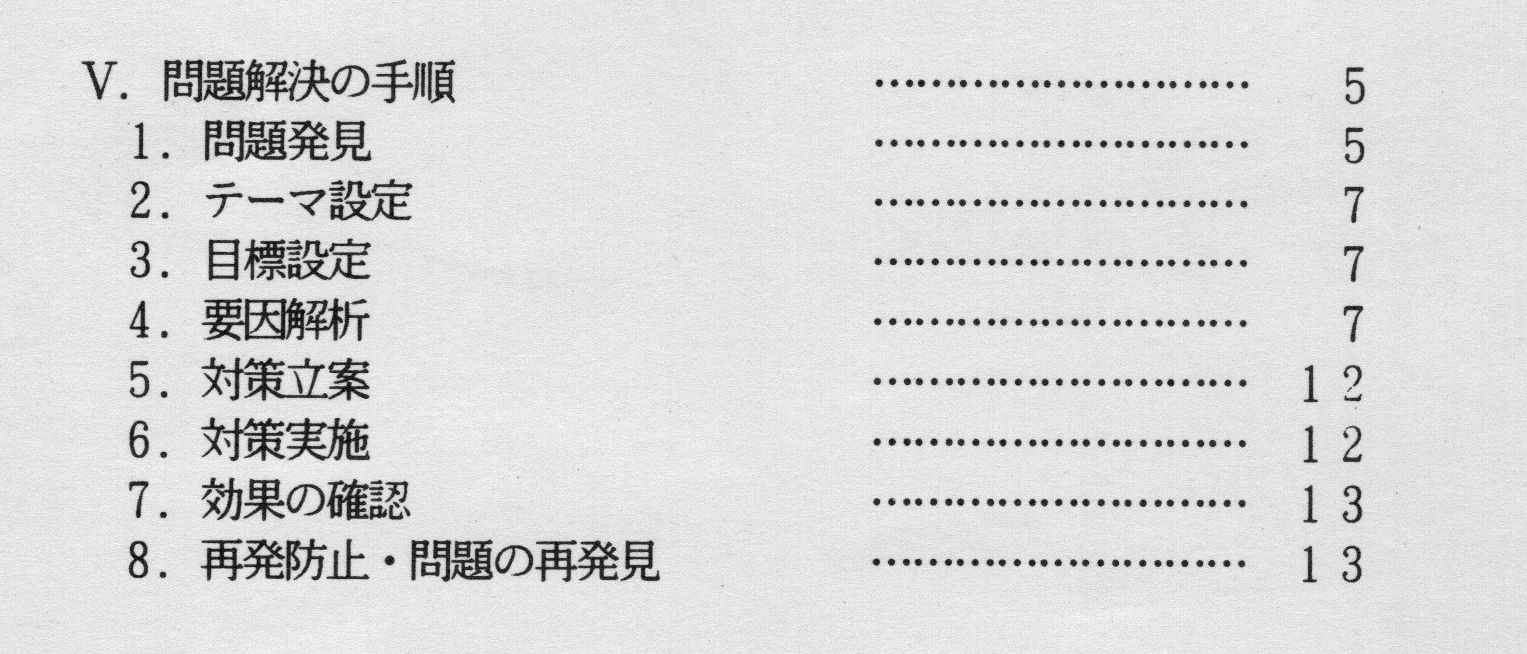 Contents page of a mid-1990s Toyota intermediate problem-solving course listing eight steps in Japanese