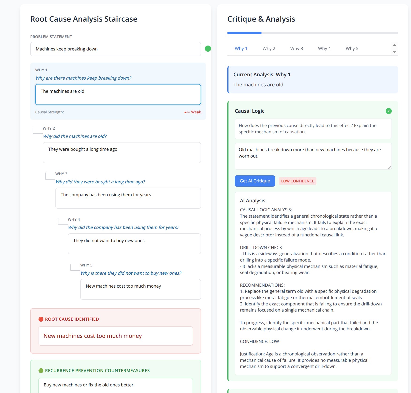 RootCoach weak 5 Why example showing vague machine breakdown reasoning and low confidence critique