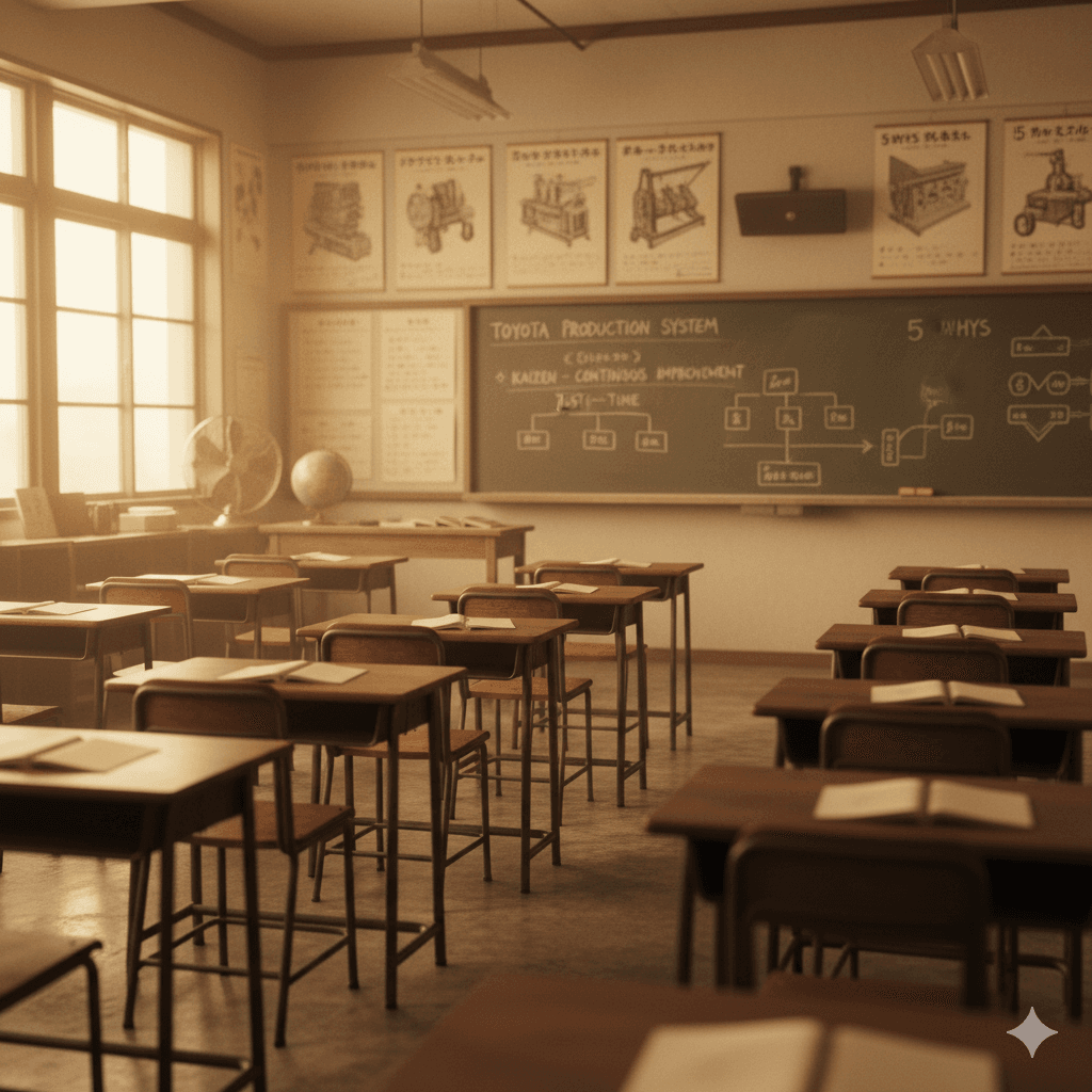 Vintage Japanese classroom with Toyota Production System on chalkboard