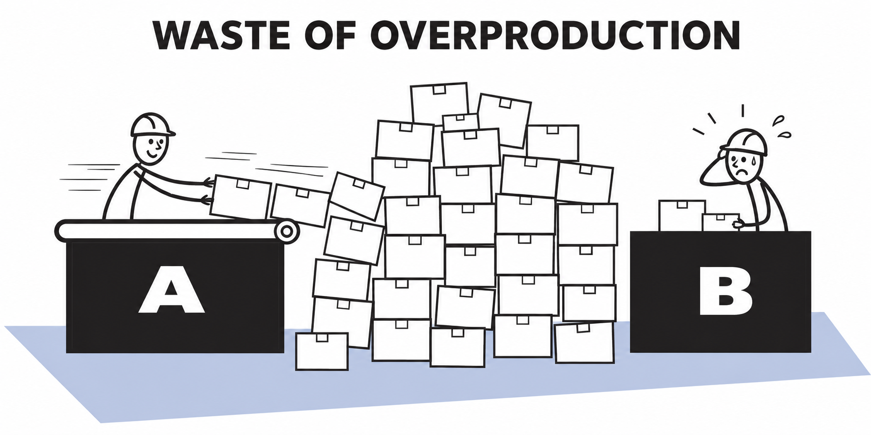 Waste of Overproduction — Station A pushing excess parts toward an overwhelmed Station B